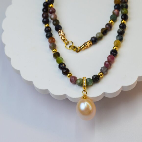 Tourmaline & King Size Edison Pearl Pendant Necklace 19" - Picture 5 of 11